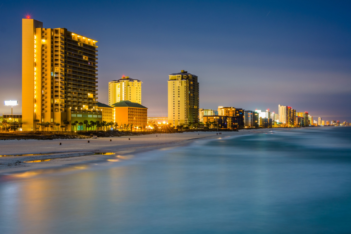 Evening view of condo buildings in Panama City Beach